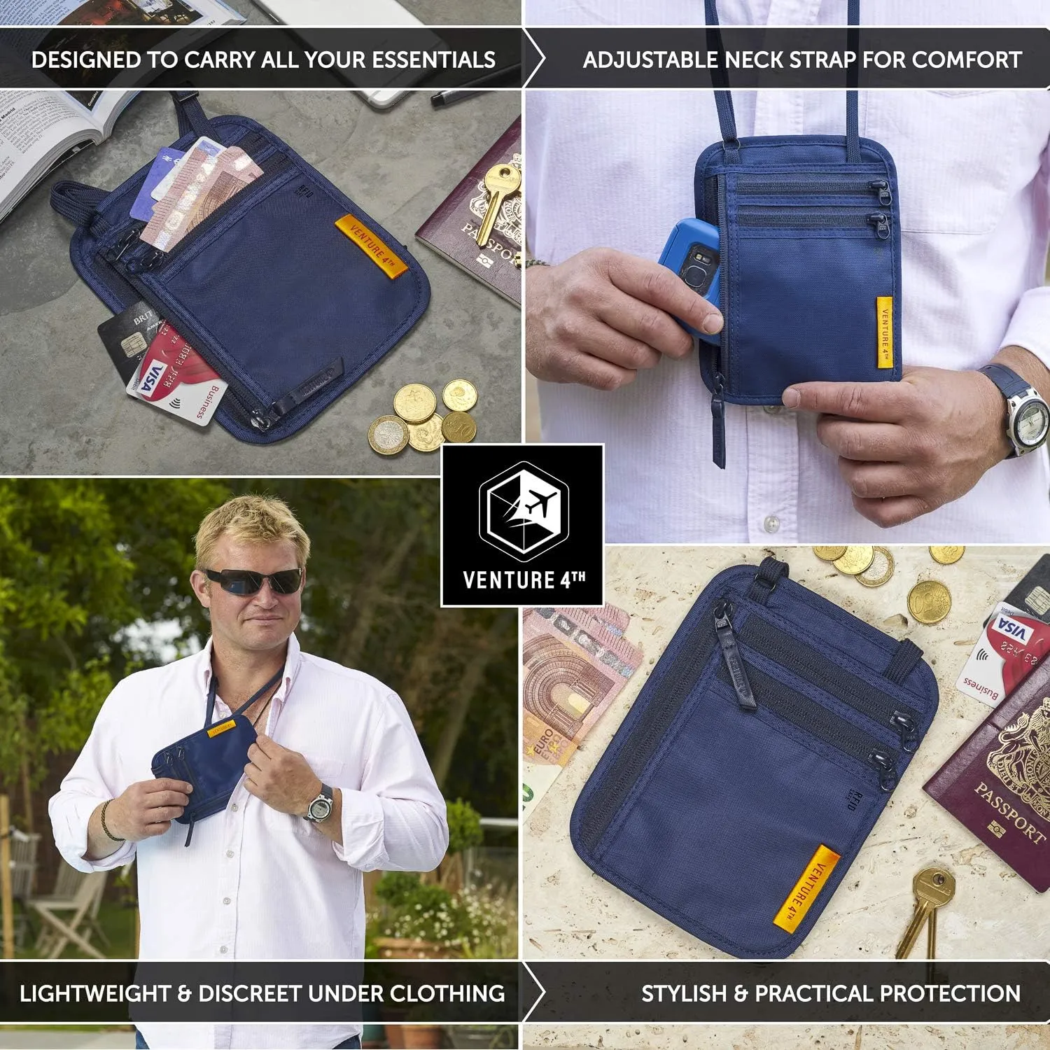 VENTURE 4TH Slim Passport Holder Neck Pouch with RFID Blocking Travel Neck Wallet and a Nylon Lining (Navy)