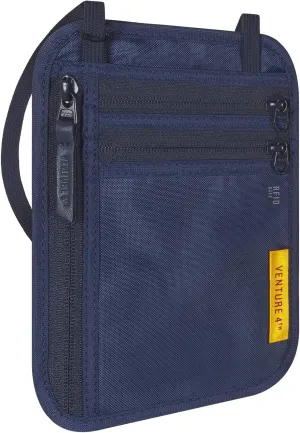 VENTURE 4TH Slim Passport Holder Neck Pouch with RFID Blocking Travel Neck Wallet and a Nylon Lining (Navy)