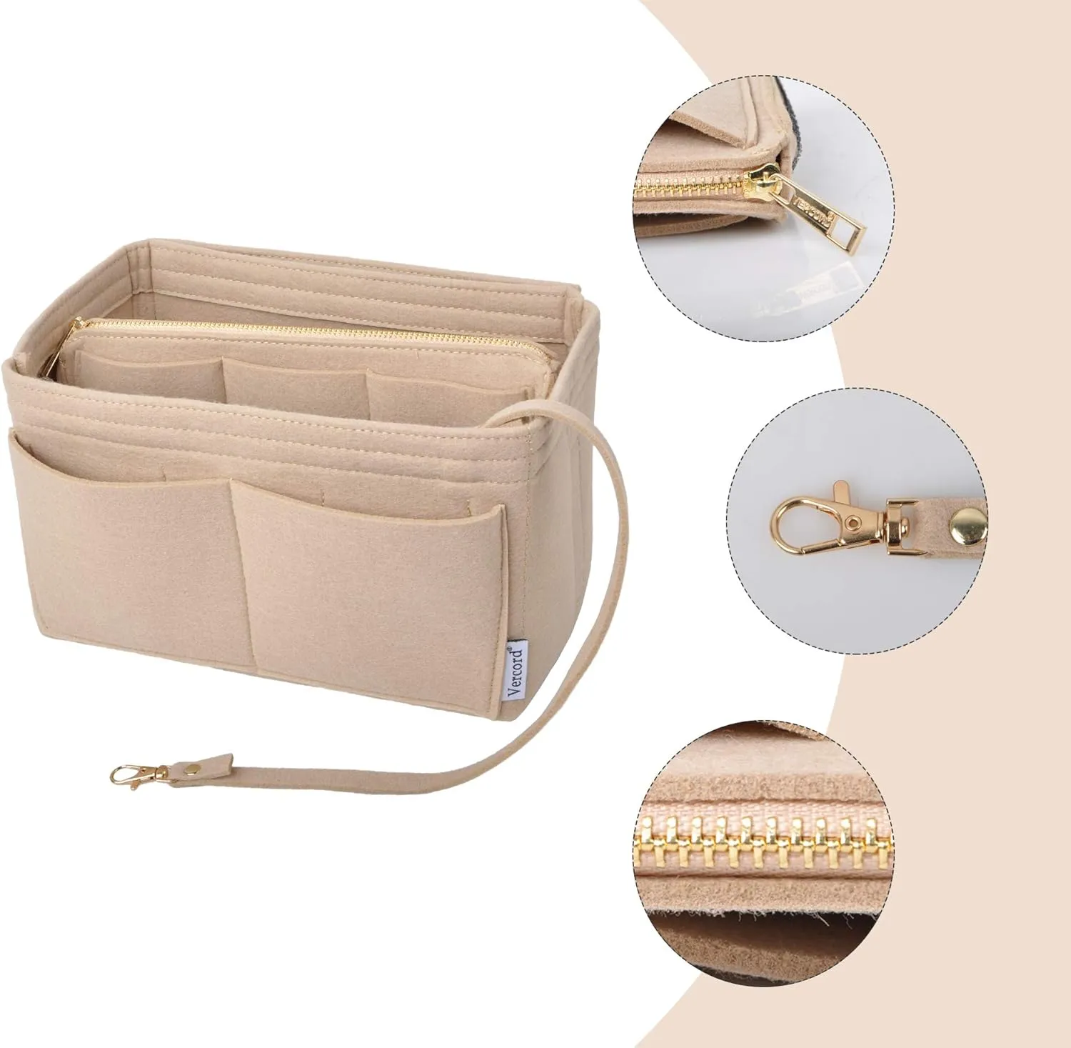 Vercord Felt Organizer Insert for Purse Handbag Tote Bag in Bag Inside Shaper Divider Neo Beige Medium