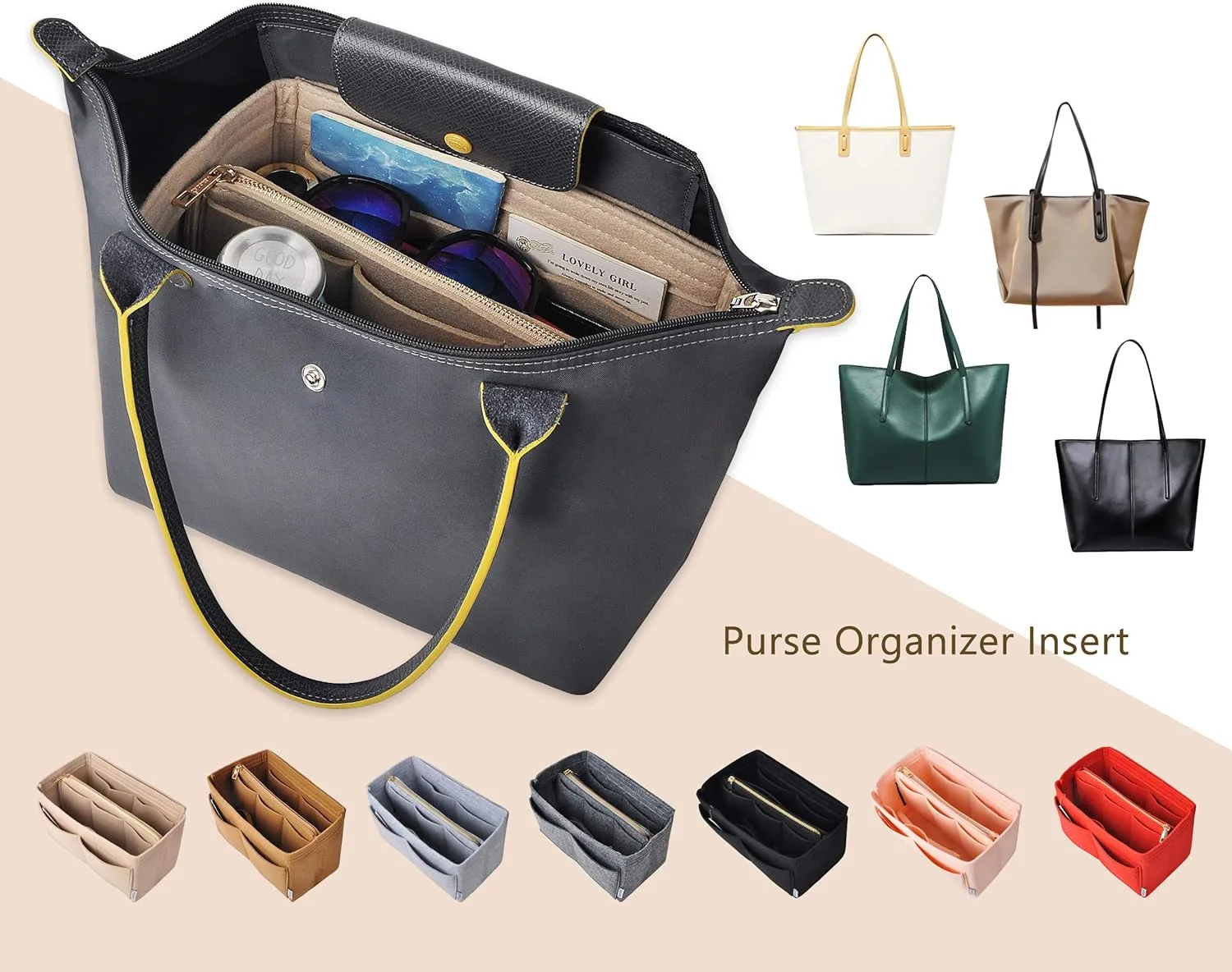 Vercord Felt Organizer Insert for Purse Handbag Tote Bag in Bag Inside Shaper Divider Neo Beige Medium