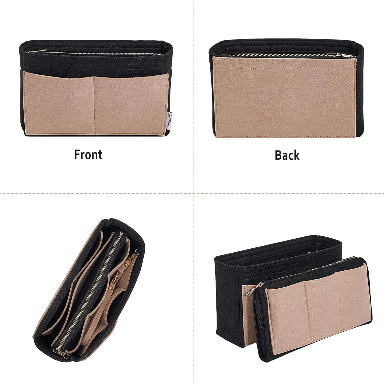 Vercord Felt Organizer Insert For Purse Handbag Tote Bag In Bag Inside Shaper Divider Neo Black & Beige Slender Medium