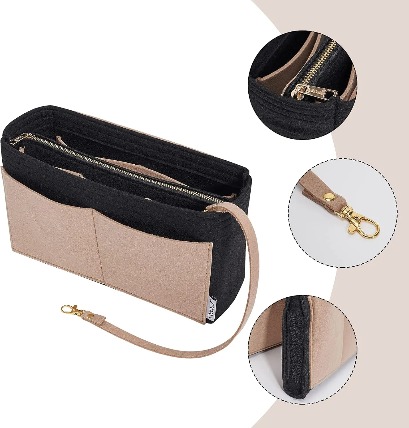 Vercord Felt Organizer Insert For Purse Handbag Tote Bag In Bag Inside Shaper Divider Neo Black & Beige Slender Medium