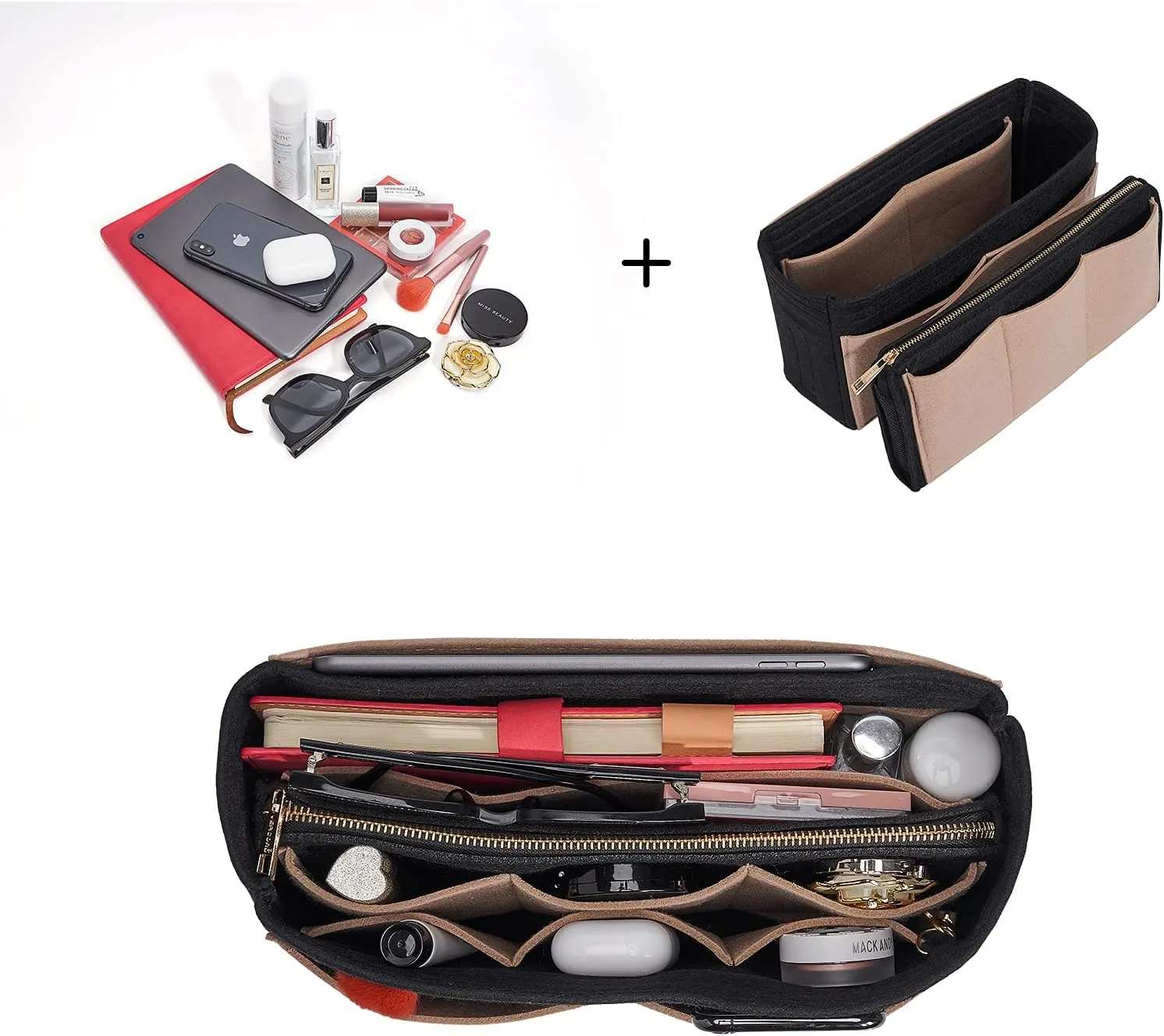 Vercord Felt Organizer Insert For Purse Handbag Tote Bag In Bag Inside Shaper Divider Neo Black & Beige Slender Medium