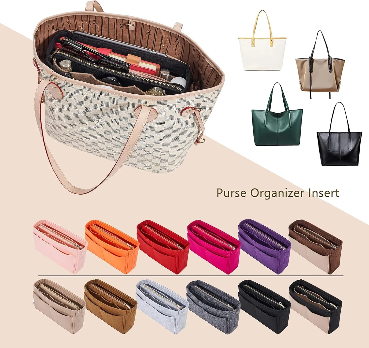 Vercord Felt Organizer Insert For Purse Handbag Tote Bag In Bag Inside Shaper Divider Neo Black & Beige Slender Medium