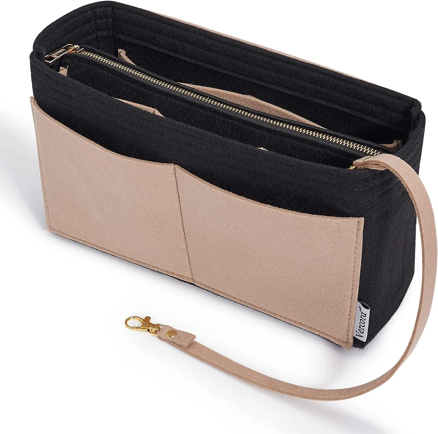 Vercord Felt Organizer Insert For Purse Handbag Tote Bag In Bag Inside Shaper Divider Neo Black & Beige Slender Medium