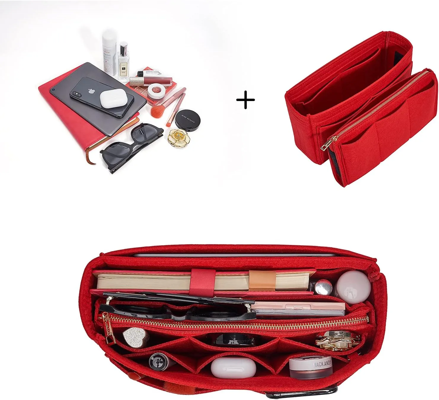 Vercord Felt Organizer Insert For Purse Handbag Tote Bag In Bag Inside Shaper Divider Neo Red Slender Medium