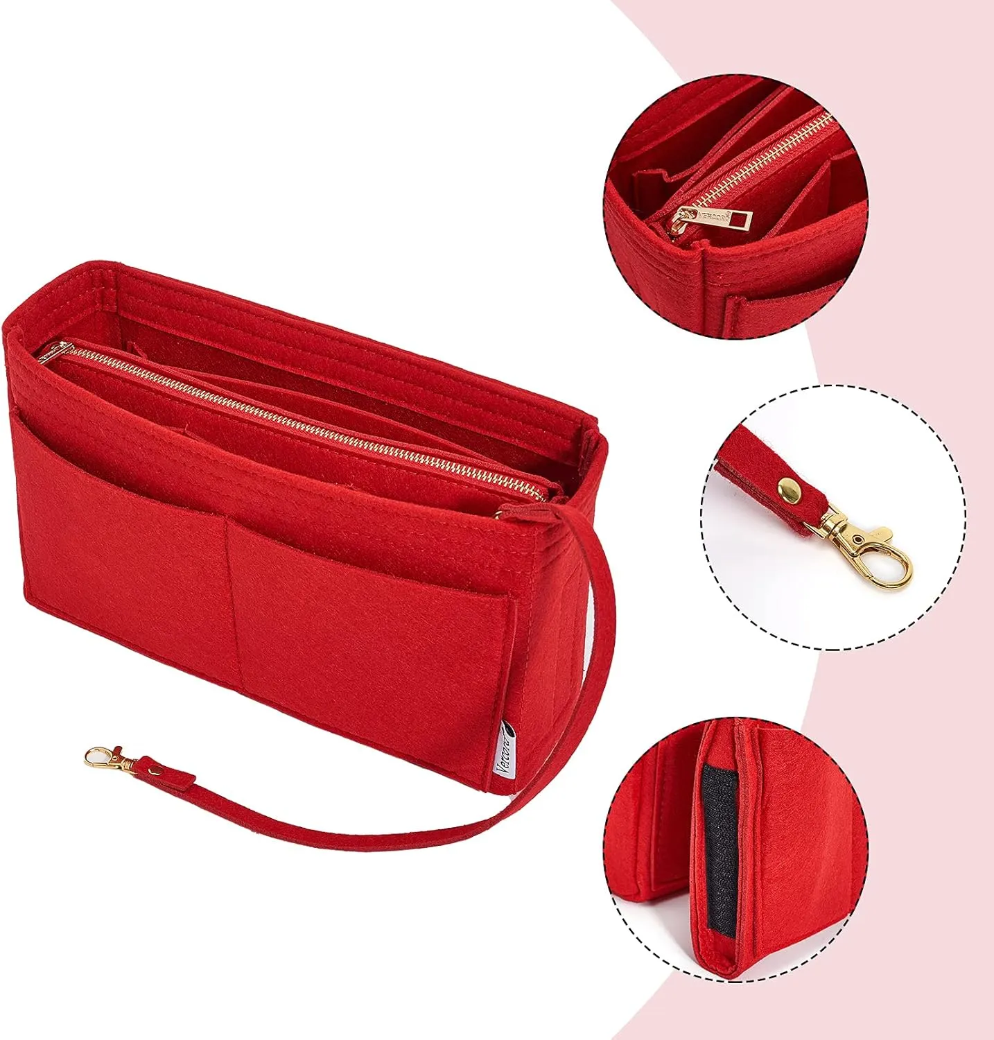Vercord Felt Organizer Insert For Purse Handbag Tote Bag In Bag Inside Shaper Divider Neo Red Slender Medium