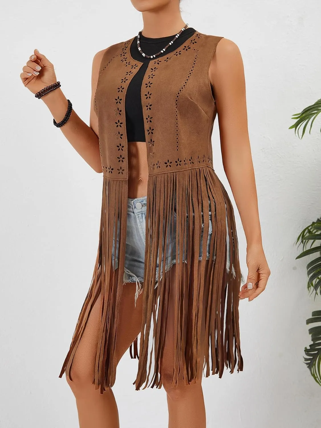 Verdusa Women's Fringe Trim Suede Vest 70S Hippie Open Front Cardigan Jacket