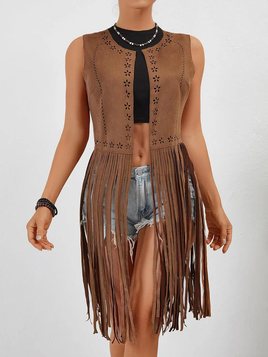 Verdusa Women's Fringe Trim Suede Vest 70S Hippie Open Front Cardigan Jacket
