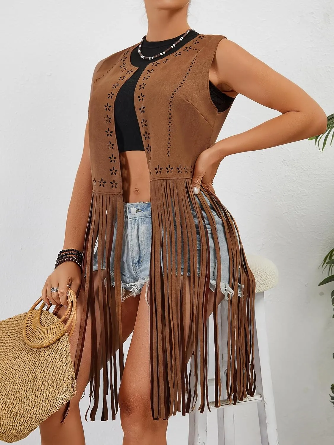 Verdusa Women's Fringe Trim Suede Vest 70S Hippie Open Front Cardigan Jacket
