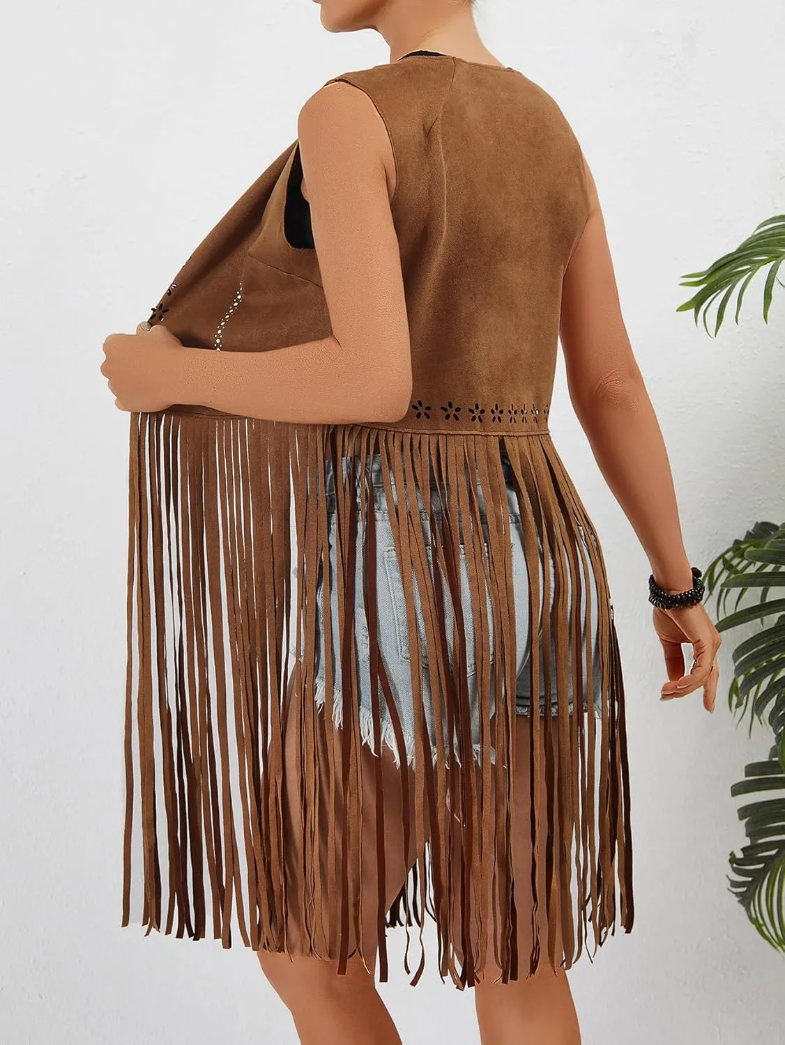 Verdusa Women's Fringe Trim Suede Vest 70S Hippie Open Front Cardigan Jacket