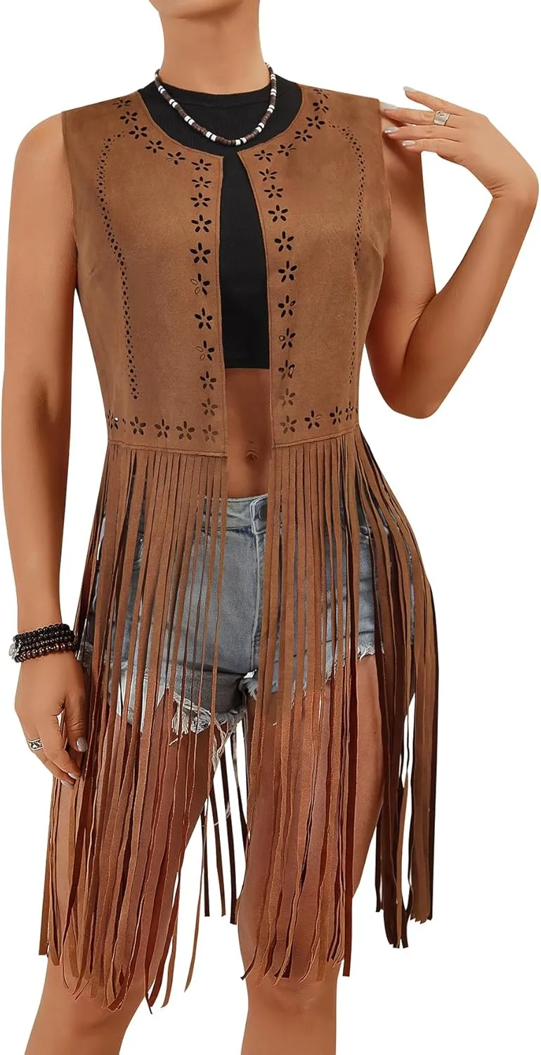 Verdusa Women's Fringe Trim Suede Vest 70S Hippie Open Front Cardigan Jacket