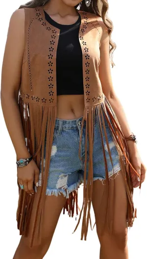 Verdusa Women's Fringe Trim Suede Vest 70S Hippie Open Front Cardigan Jacket