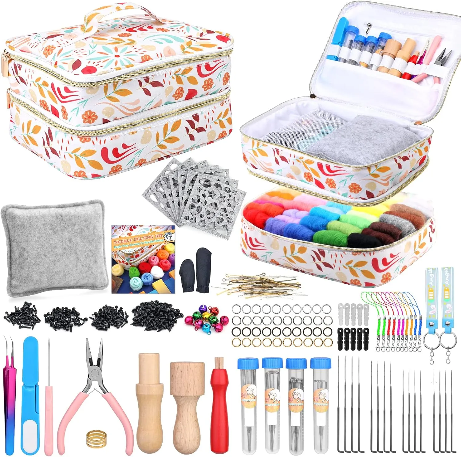 Veroave Needle Felting Starter Kit with Storage Bag, 385 Pcs Complete Needle Felting Tools and Supplies, Wool Felting Kit with Wool Felt Tools and Felt Molds for Home Decoration Felted Animal