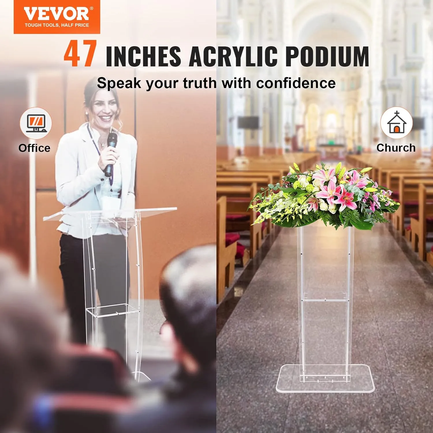 VEVOR Acrylic Podium, 47" Clear Acrylic Podium Stand with Wide Reading Surface & Storage Shelf, Floor-Standing Clear Pulpits Acrylic for Church Office School