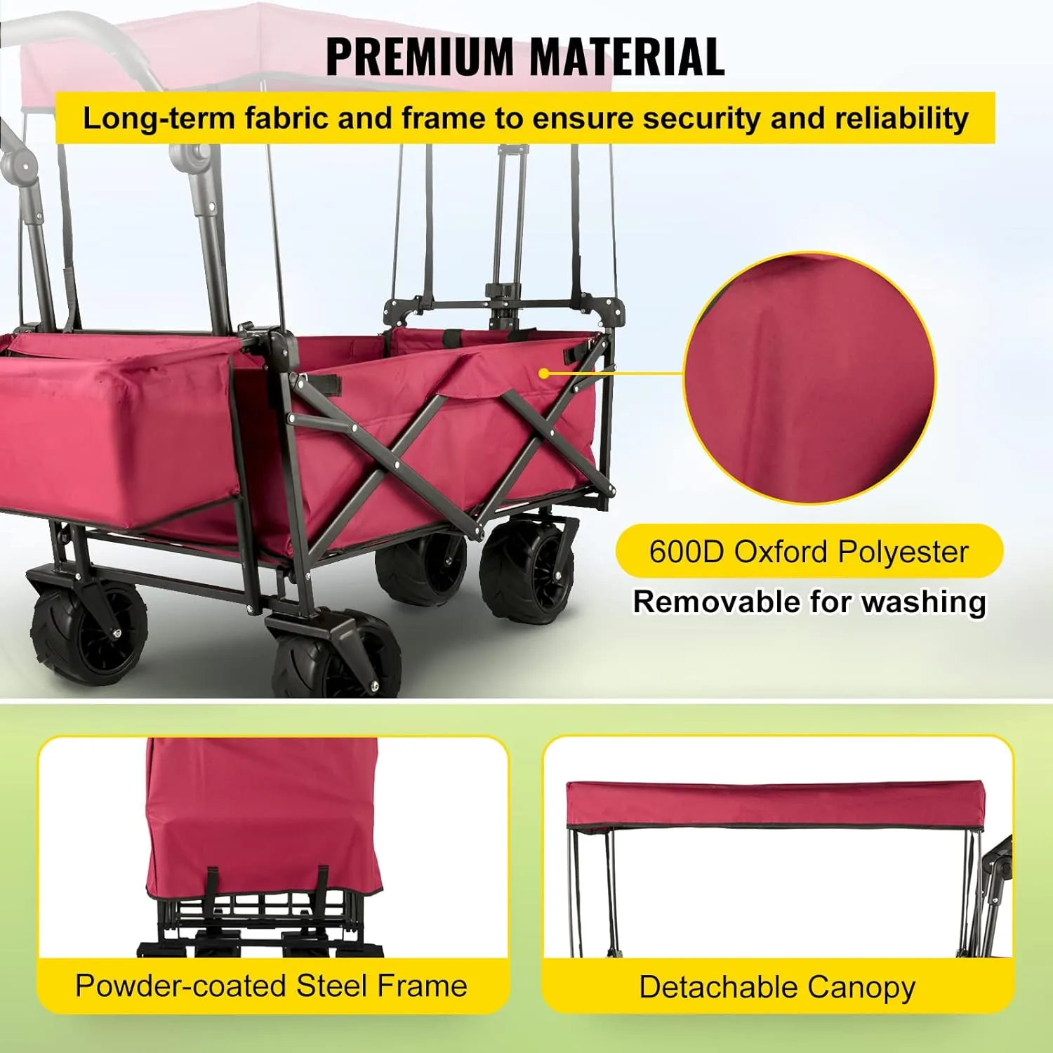 VEVOR Collapsible Wagon with Removable Canopy, 220lbs Heavy Duty Foldable Beach Wagon with Big Wheels, Folding Outdoor Utility Wagon Garden Cart with Adjustable Push Pulling Handles