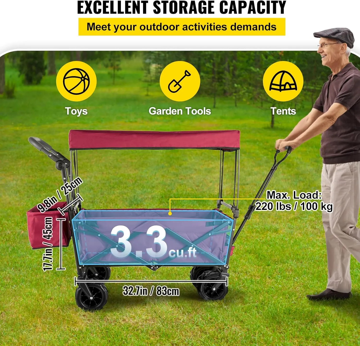 VEVOR Collapsible Wagon with Removable Canopy, 220lbs Heavy Duty Foldable Beach Wagon with Big Wheels, Folding Outdoor Utility Wagon Garden Cart with Adjustable Push Pulling Handles