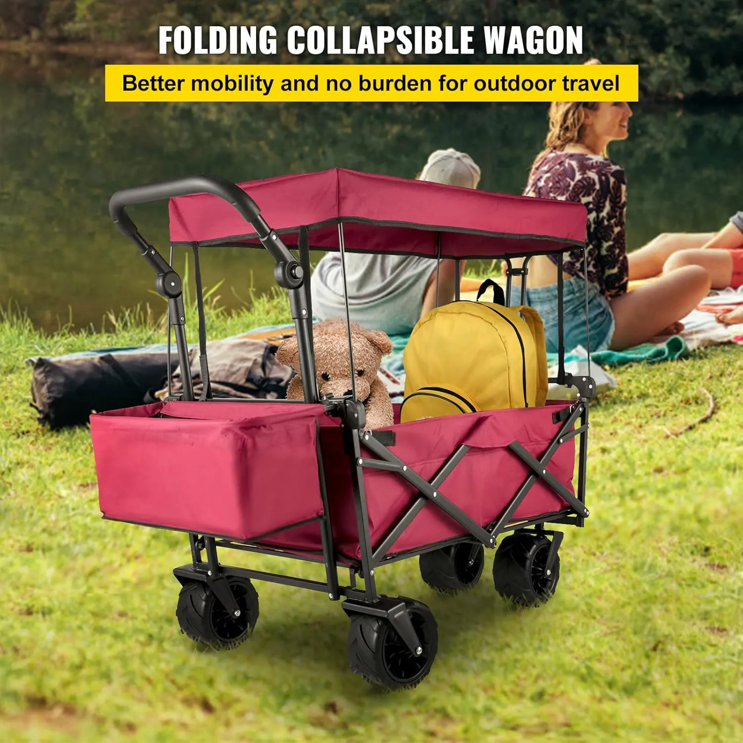 VEVOR Collapsible Wagon with Removable Canopy, 220lbs Heavy Duty Foldable Beach Wagon with Big Wheels, Folding Outdoor Utility Wagon Garden Cart with Adjustable Push Pulling Handles