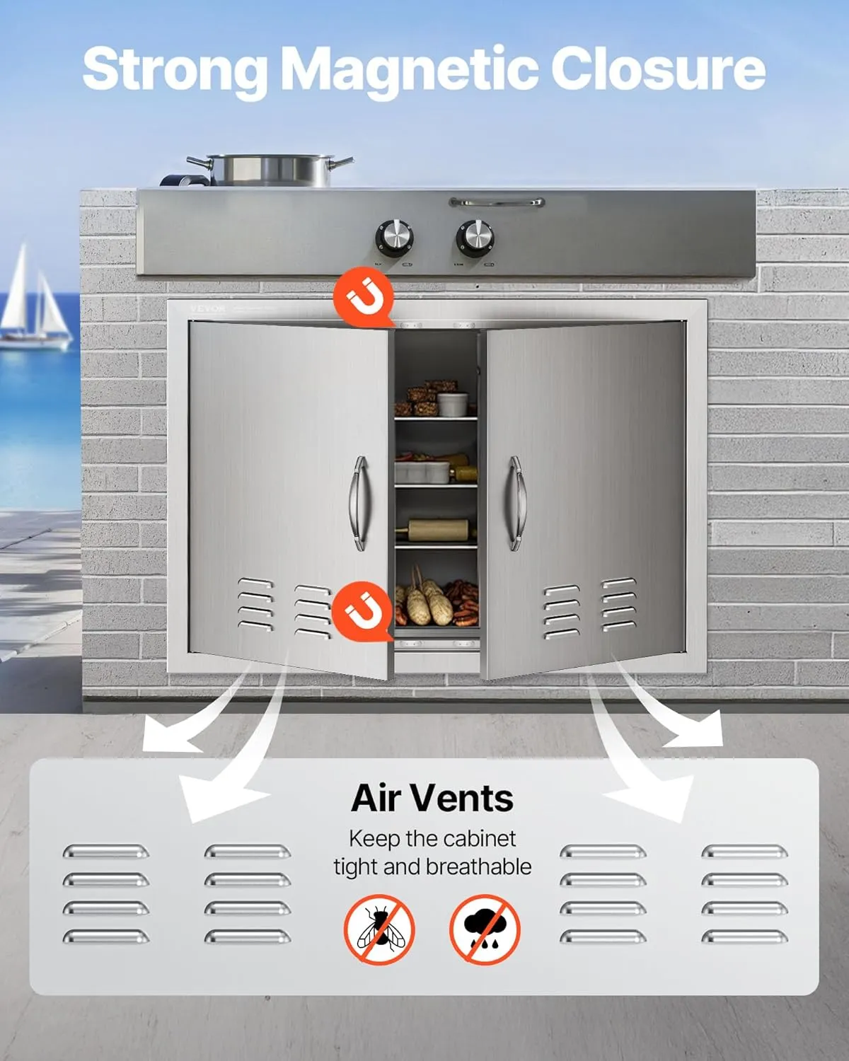 VEVOR Outdoor Kitchen Doors, 30W x 21H Inch, 304 Stainless Steel Double Doors with Vents, BBQ Access Door with 2 Detachable Handles, for BBQ Island