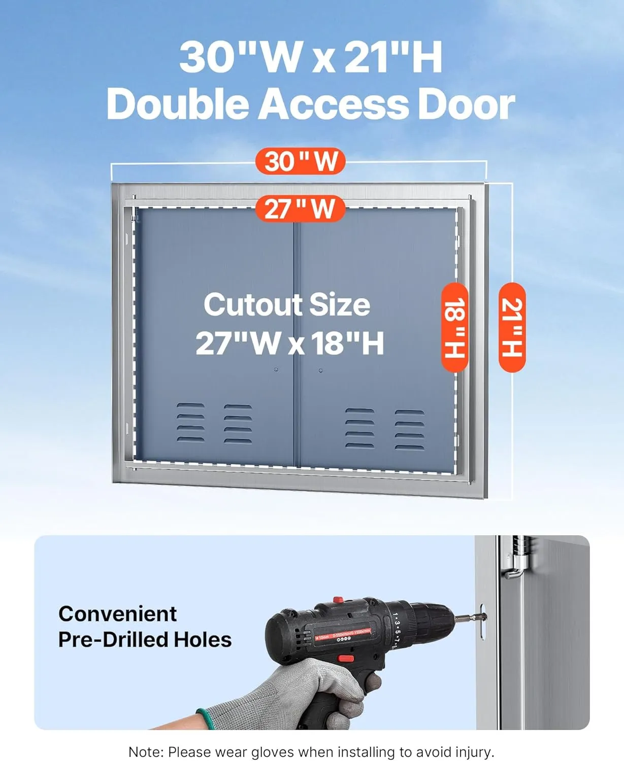 VEVOR Outdoor Kitchen Doors, 30W x 21H Inch, 304 Stainless Steel Double Doors with Vents, BBQ Access Door with 2 Detachable Handles, for BBQ Island