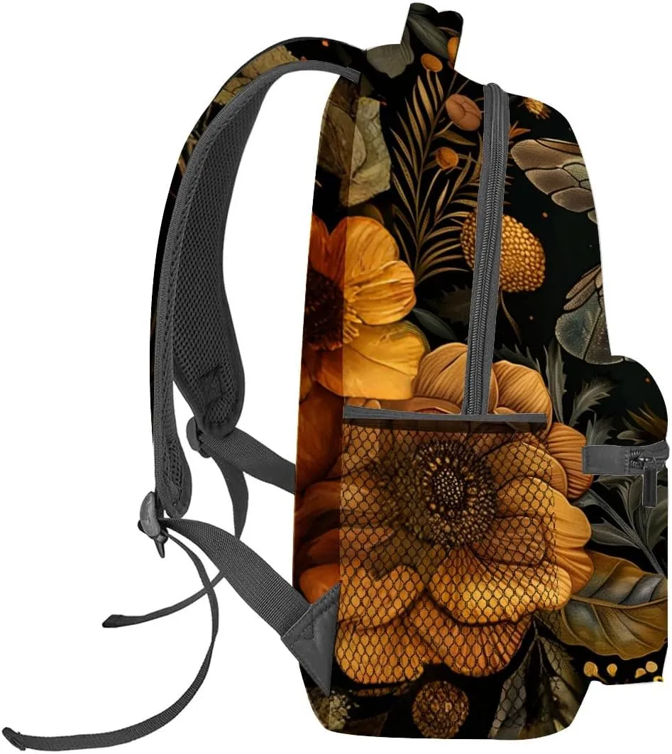 Vintage Bee Backpack,Bumblebee Floral Dark Polyester Backpacks,Lightweight Double Shoulder Back Pack for Women,Flower Retro Bookbag,School Bag Gifts,Casual Travel Daypack Book Packs
