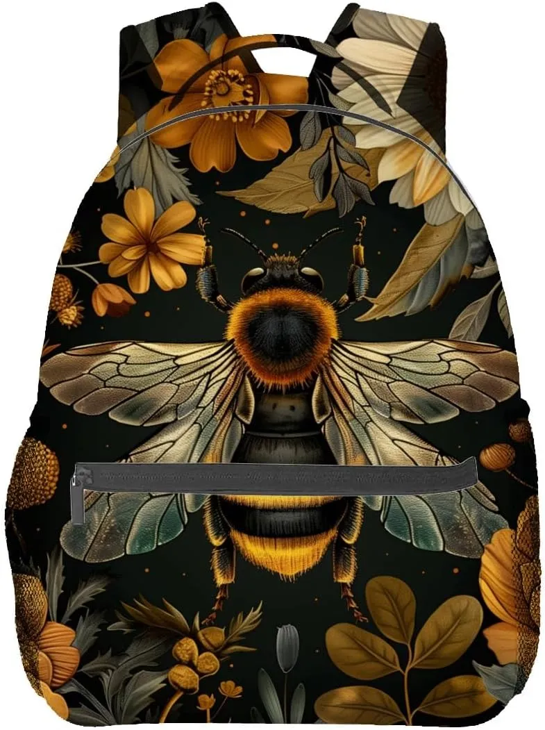 Vintage Bee Backpack,Bumblebee Floral Dark Polyester Backpacks,Lightweight Double Shoulder Back Pack for Women,Flower Retro Bookbag,School Bag Gifts,Casual Travel Daypack Book Packs