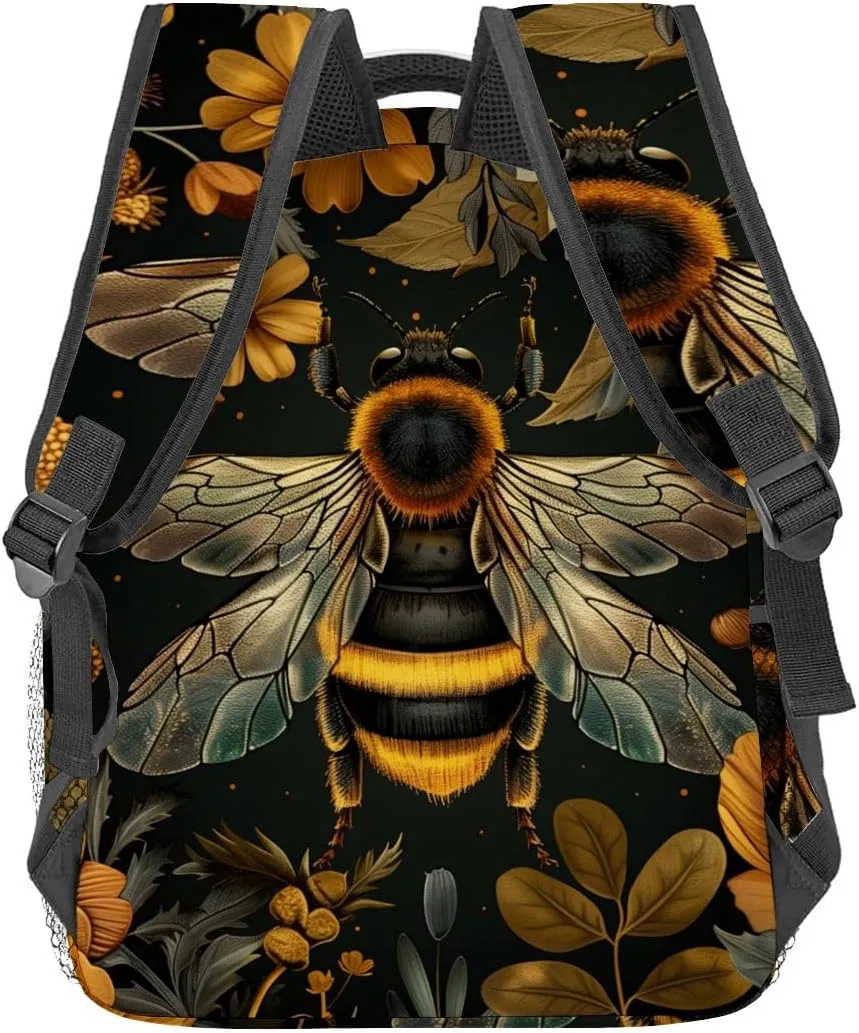 Vintage Bee Backpack,Bumblebee Floral Dark Polyester Backpacks,Lightweight Double Shoulder Back Pack for Women,Flower Retro Bookbag,School Bag Gifts,Casual Travel Daypack Book Packs