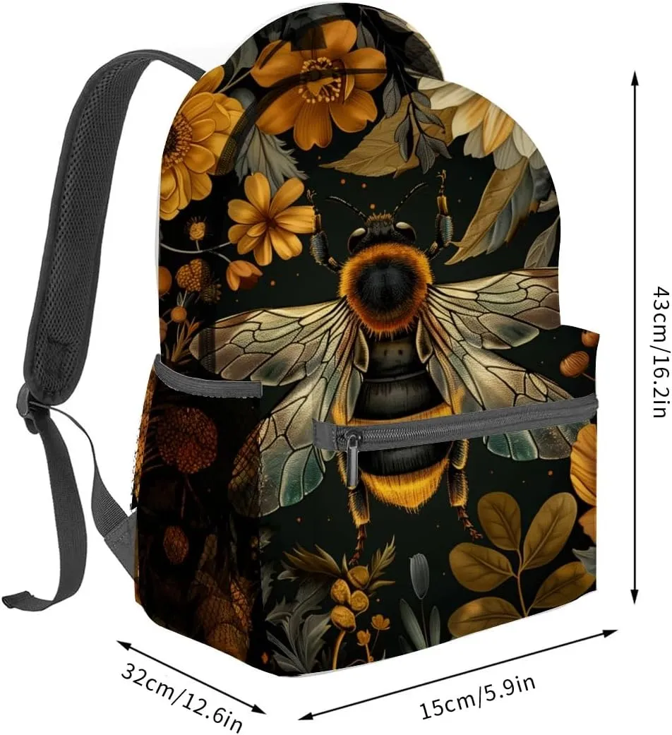 Vintage Bee Backpack,Bumblebee Floral Dark Polyester Backpacks,Lightweight Double Shoulder Back Pack for Women,Flower Retro Bookbag,School Bag Gifts,Casual Travel Daypack Book Packs