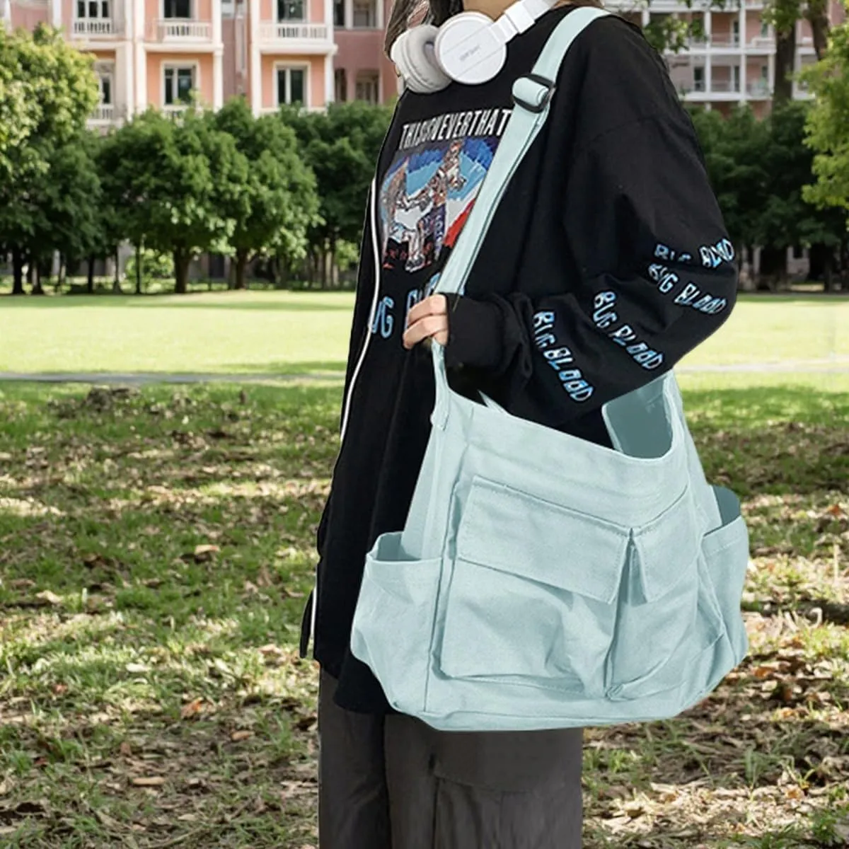 Vintage Canvas Crossbody Messenger Bag with Multiple Pockets and Hook-and-loop Closure, Ideal for School