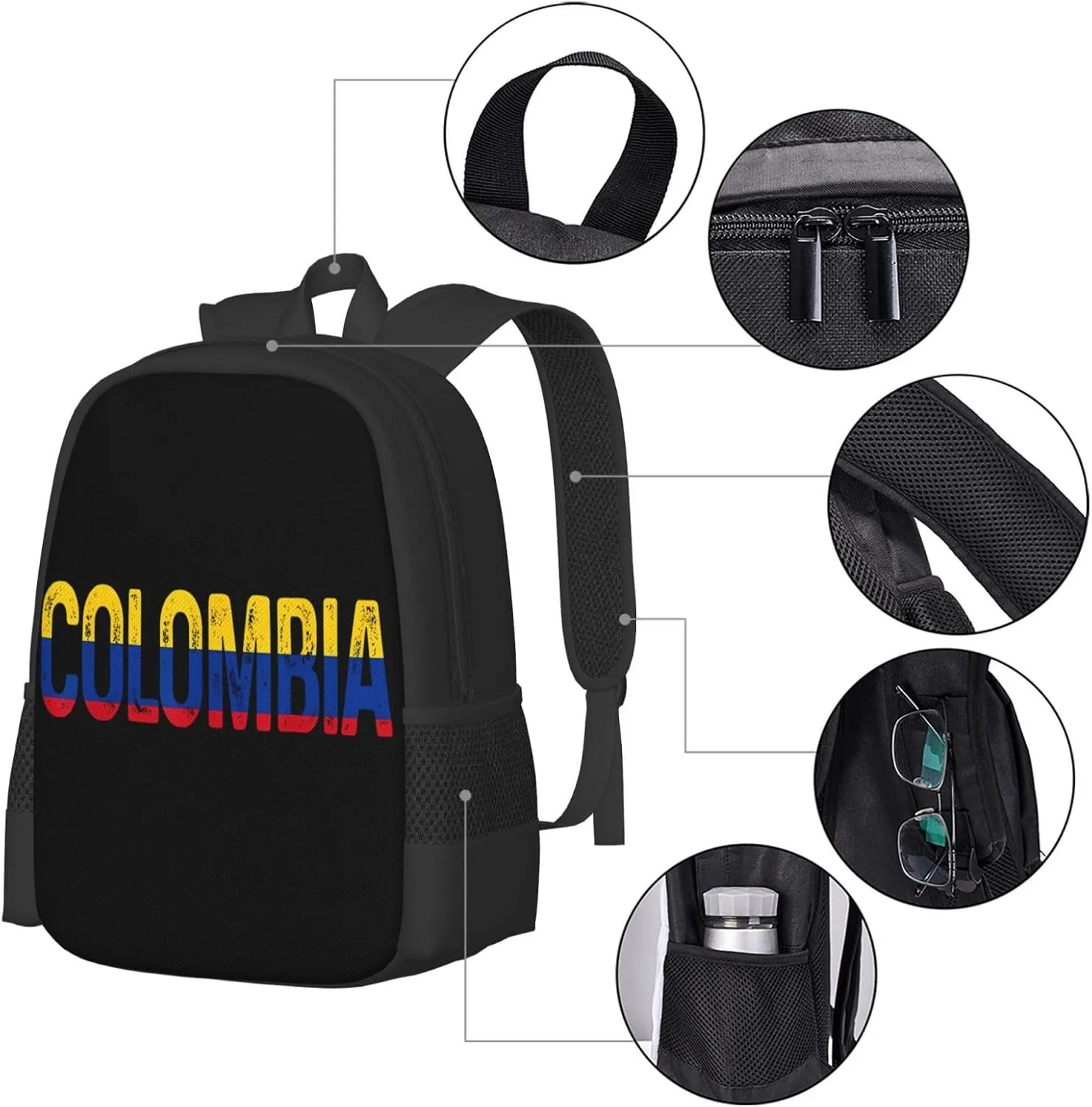 Vintage Colombia Colombian Pride Flag Casual Backpack Large Capacity Backpacks 15 Inch Laptop Back Pack Travel Rucksack Daypack Commuter Bags with Adjustable Strap for Camping