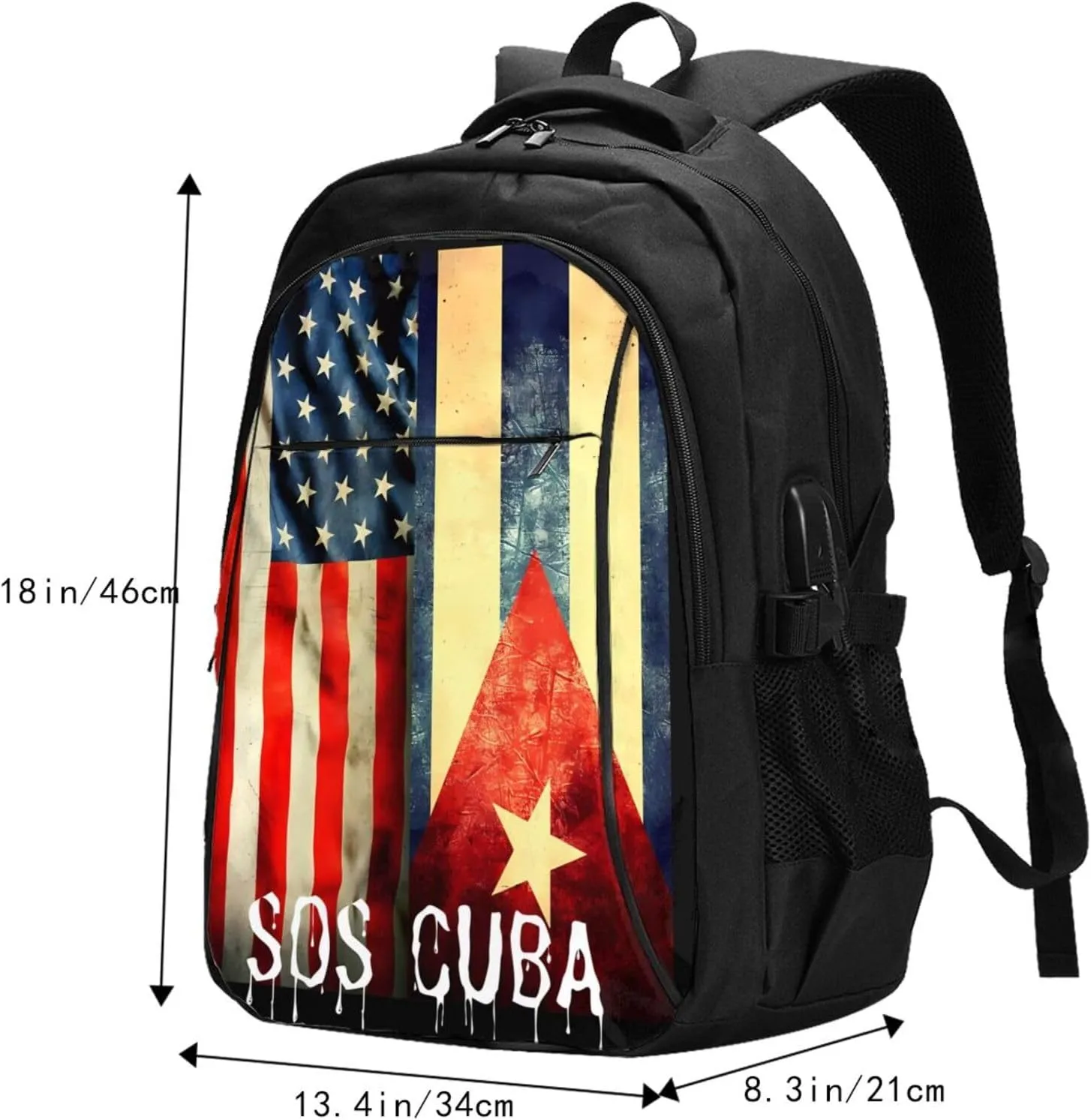 Vintage Half American Cuban Flag SOS Cuba Travel Backpacks Casual Backpack Large Capacity Laptop Rucksack Luggage Daypacks with USB Charging Port Multi-Pockets Bags for Hiking