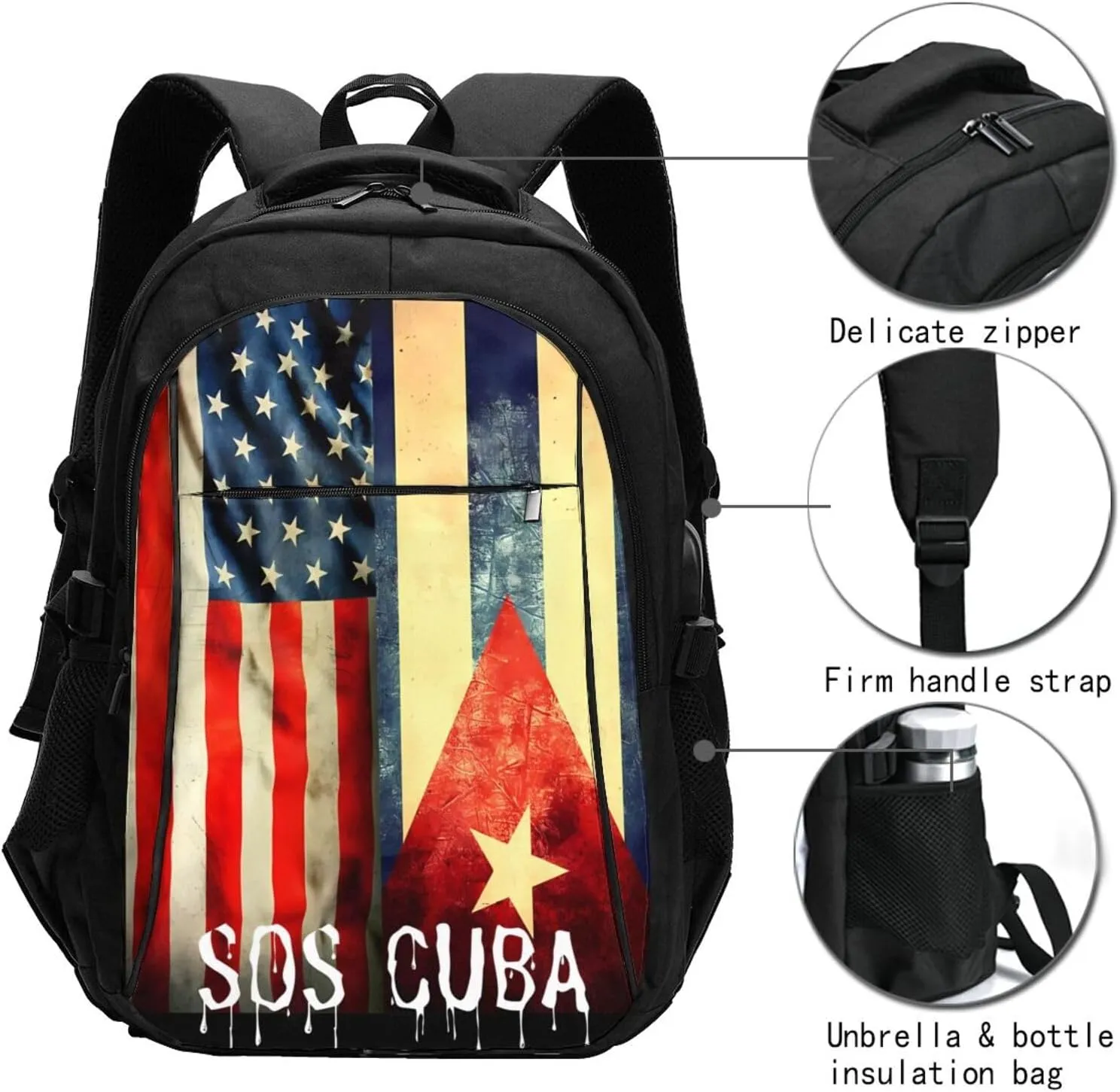 Vintage Half American Cuban Flag SOS Cuba Travel Backpacks Casual Backpack Large Capacity Laptop Rucksack Luggage Daypacks with USB Charging Port Multi-Pockets Bags for Hiking