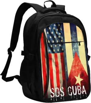 Vintage Half American Cuban Flag SOS Cuba Travel Backpacks Casual Backpack Large Capacity Laptop Rucksack Luggage Daypacks with USB Charging Port Multi-Pockets Bags for Hiking