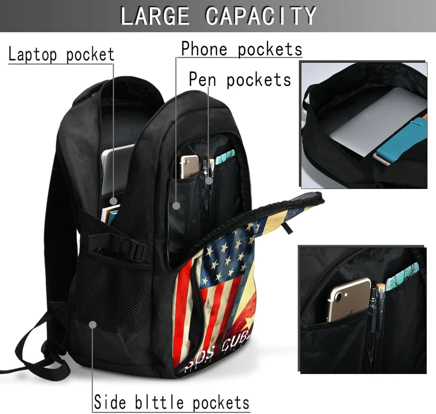 Vintage Half American Cuban Flag SOS Cuba Travel Backpacks Casual Backpack Large Capacity Laptop Rucksack Luggage Daypacks with USB Charging Port Multi-Pockets Bags for Hiking