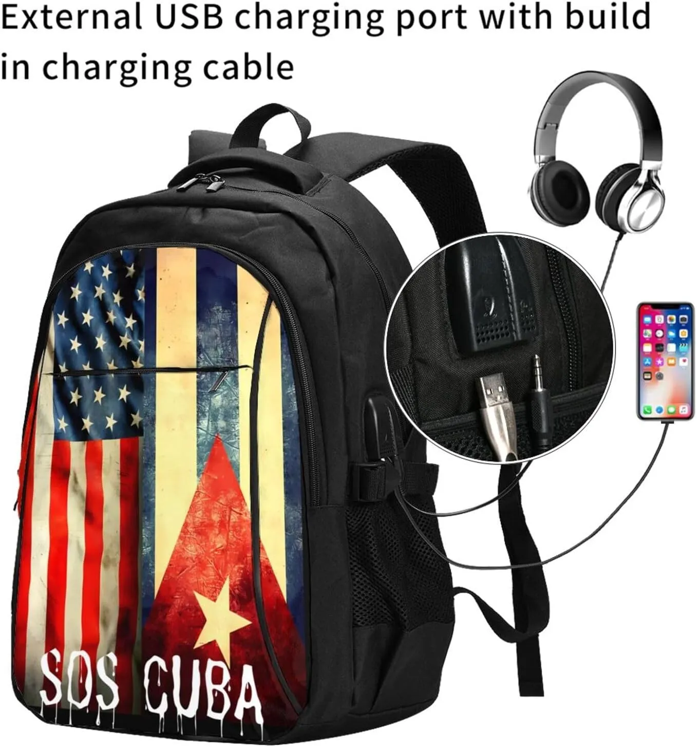 Vintage Half American Cuban Flag SOS Cuba Travel Backpacks Casual Backpack Large Capacity Laptop Rucksack Luggage Daypacks with USB Charging Port Multi-Pockets Bags for Hiking