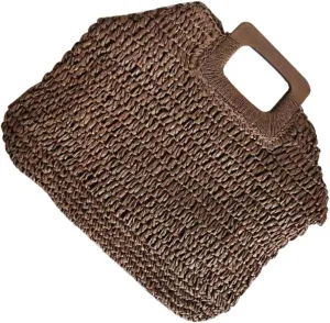 Vintage Straw Woven Handbag Bag Wooden Handle Large Compartment for Wallet Cell Phone