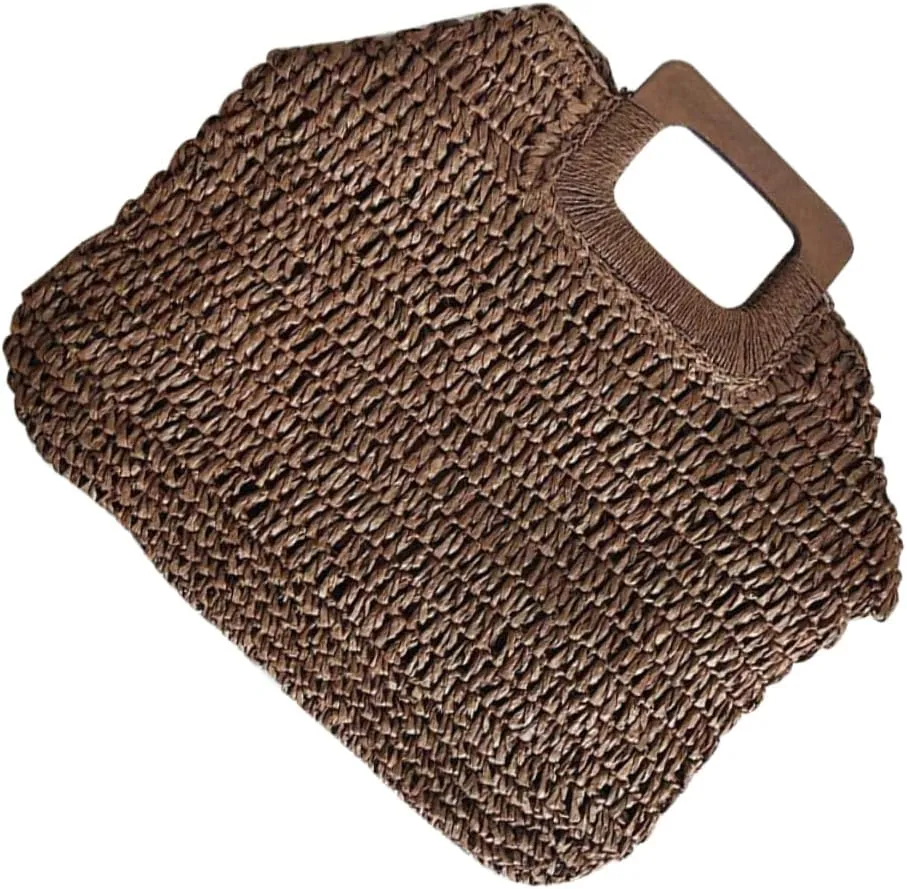 Vintage Straw Woven Handbag Bag Wooden Handle Large Compartment for Wallet Cell Phone