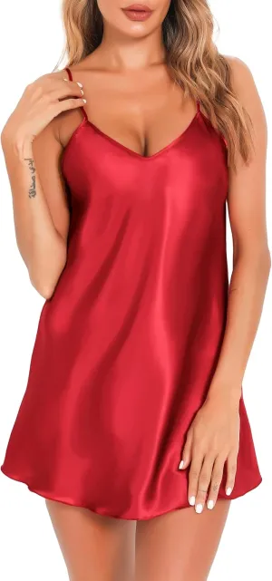 Vlazom Satin Nightshirts Sexy Silk Nightdress Spaghetti Strap Short Negligee Chemise Slip with Deep V Neck