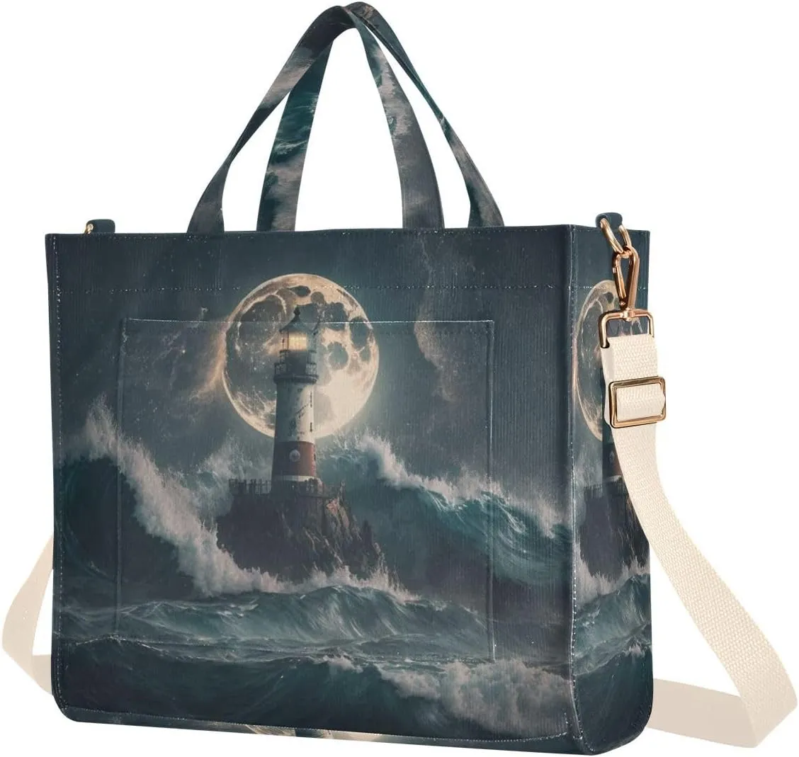 Vnurnrn Corduroy Women Tote Bag - Lighthouse in Storm, Handbag Purses with Detachable Strap
