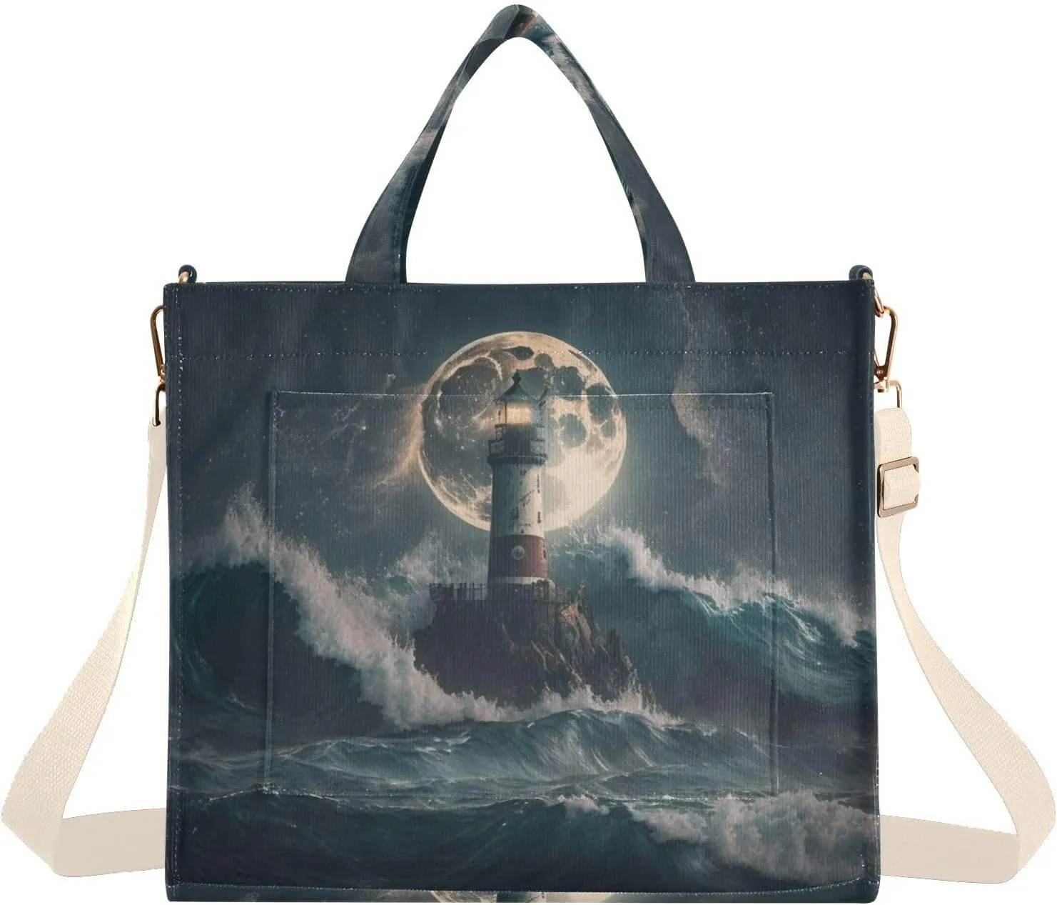 Vnurnrn Corduroy Women Tote Bag - Lighthouse in Storm, Handbag Purses with Detachable Strap
