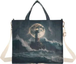 Vnurnrn Corduroy Women Tote Bag - Lighthouse in Storm, Handbag Purses with Detachable Strap