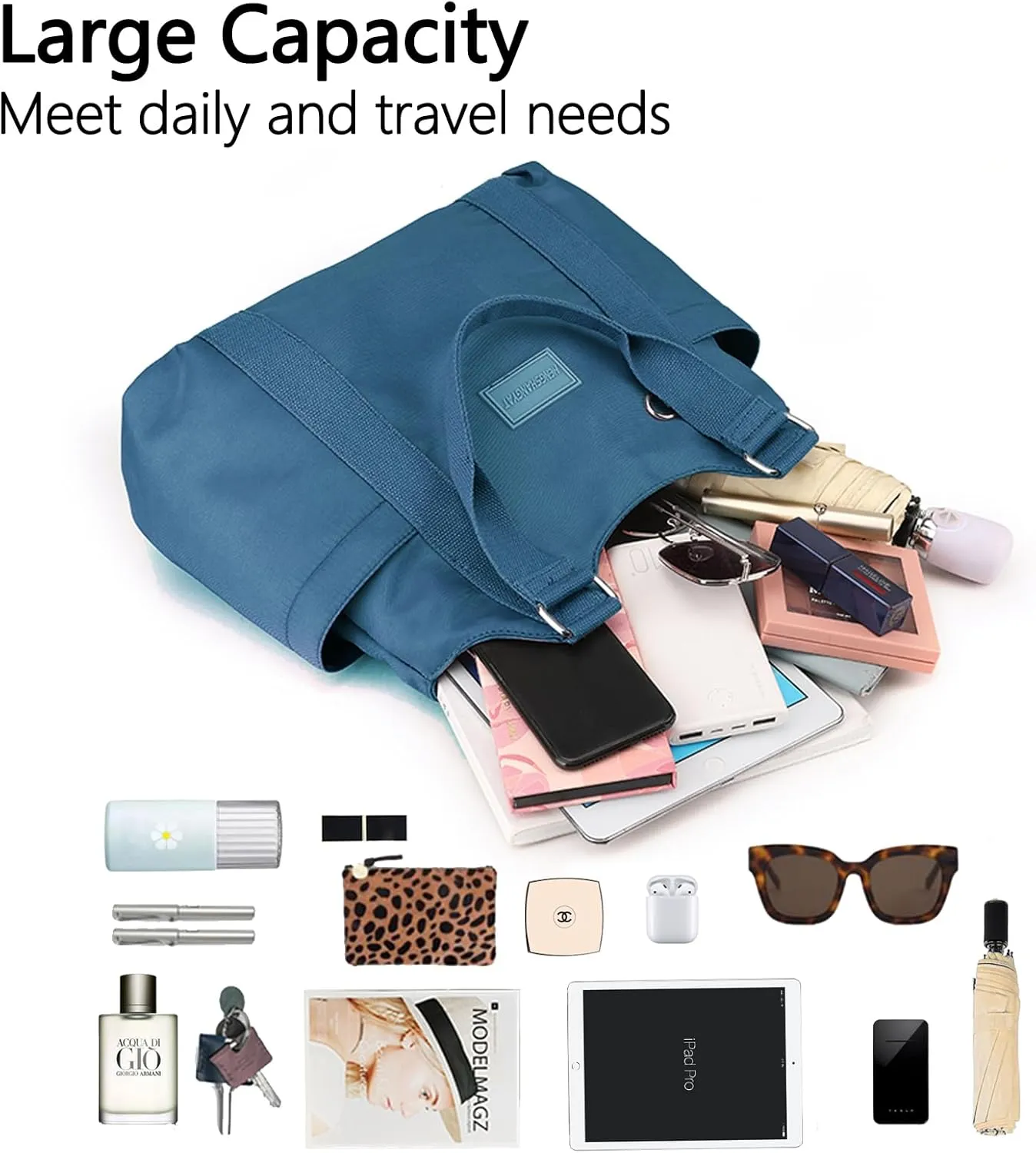 VODIU Nylon Tote Bag for Women Work Shoulder Handbags with Pockets, Everyday Purses for Women Waterproof Hand-bag with Zipper