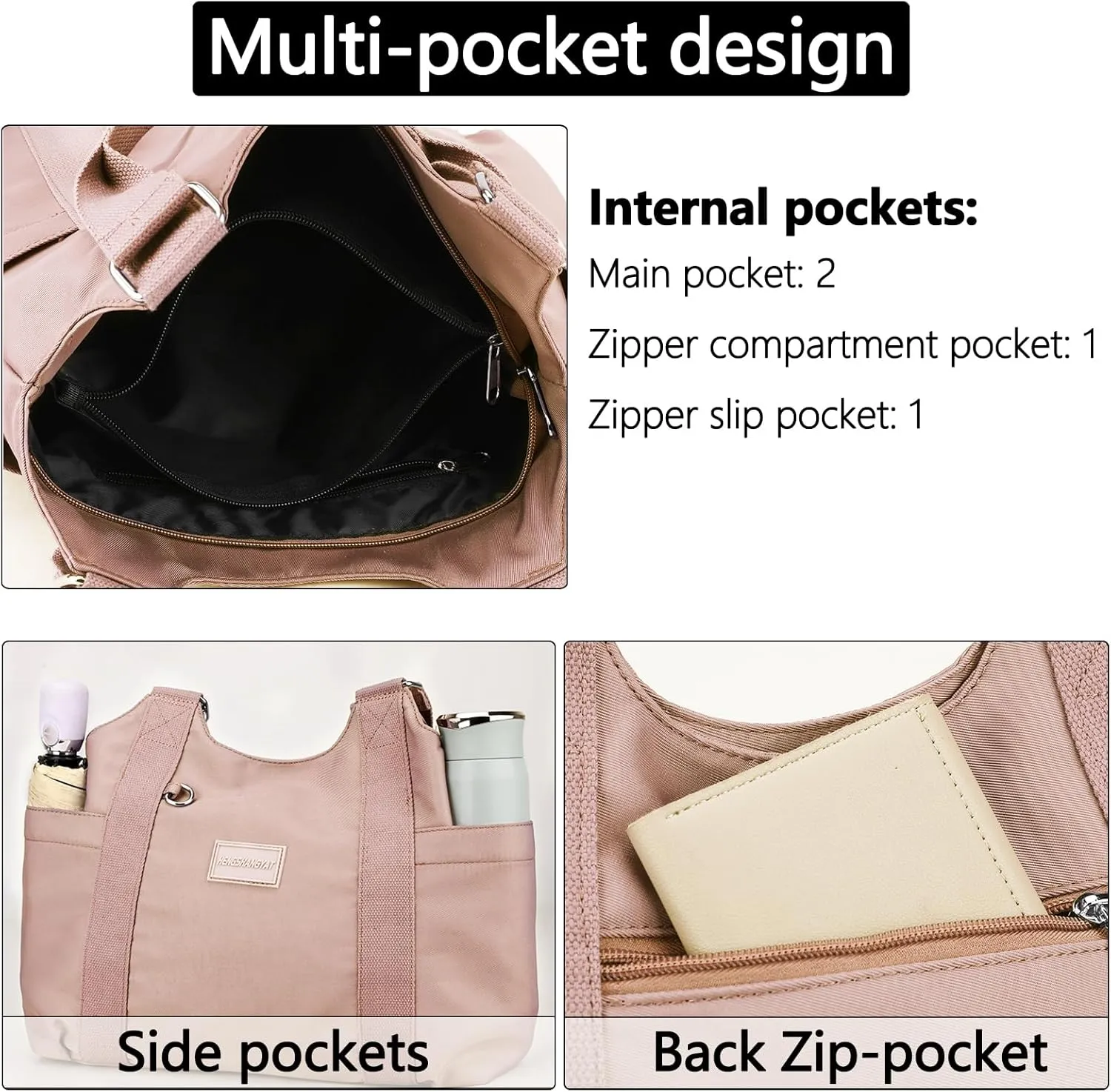 VODIU Nylon Tote Bag for Women Work Shoulder Handbags with Pockets, Everyday Purses for Women Waterproof Hand-bag with Zipper