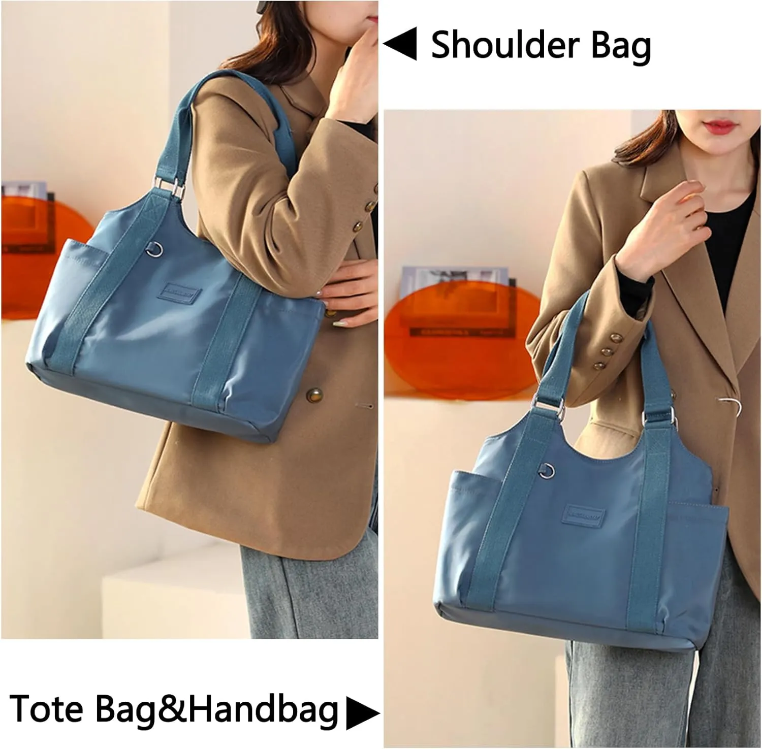 VODIU Nylon Tote Bag for Women Work Shoulder Handbags with Pockets, Everyday Purses for Women Waterproof Hand-bag with Zipper