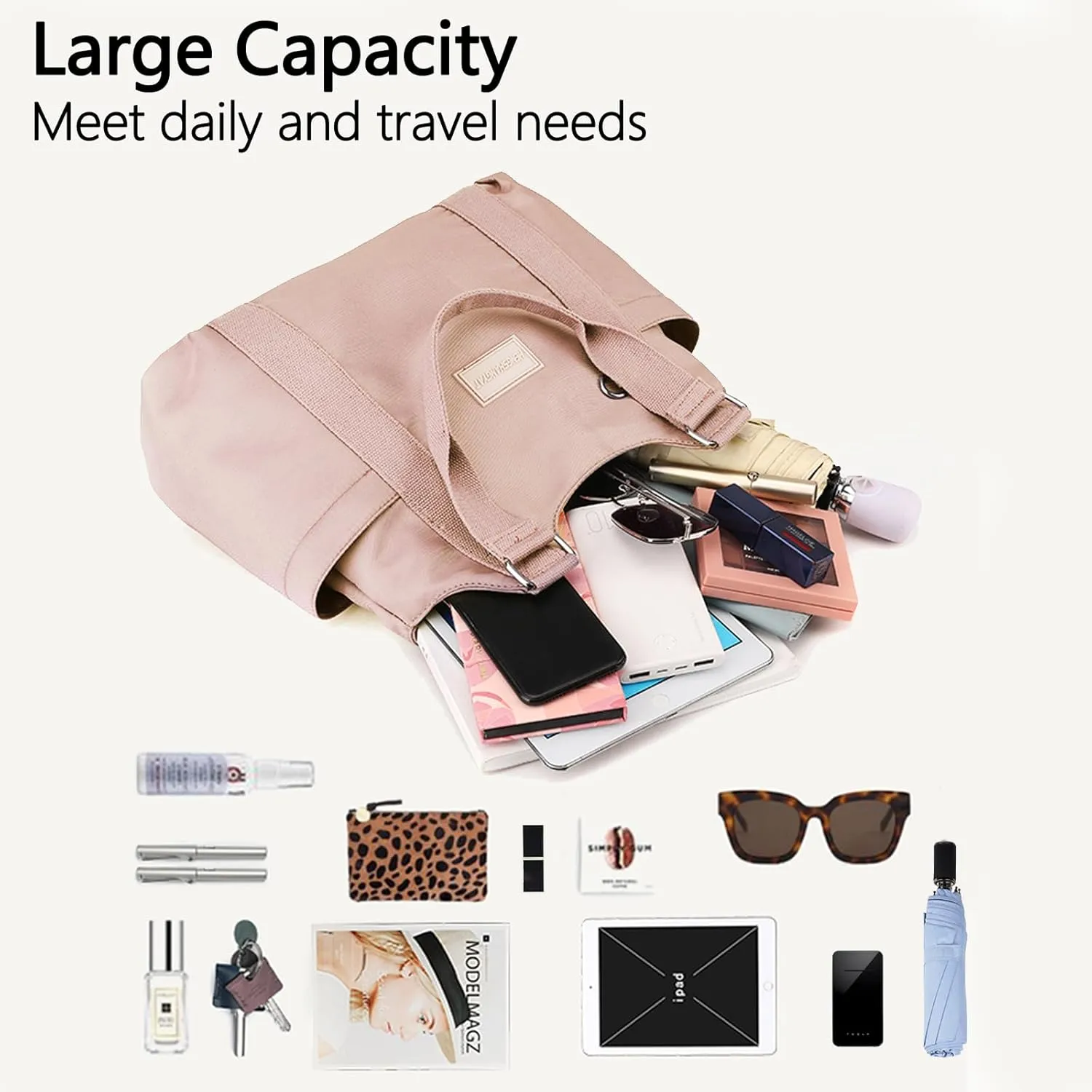 VODIU Nylon Tote Bag for Women Work Shoulder Handbags with Pockets, Everyday Purses for Women Waterproof Hand-bag with Zipper