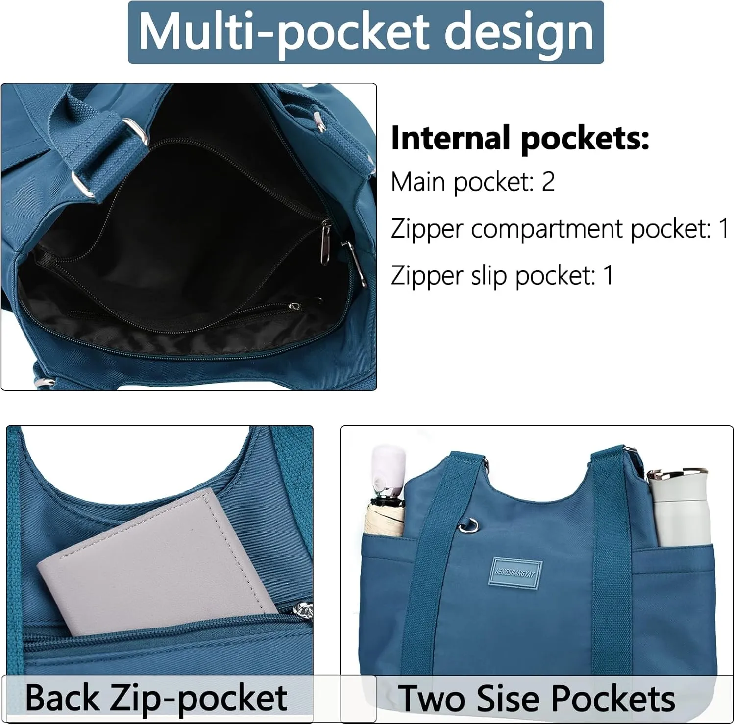 VODIU Nylon Tote Bag for Women Work Shoulder Handbags with Pockets, Everyday Purses for Women Waterproof Hand-bag with Zipper