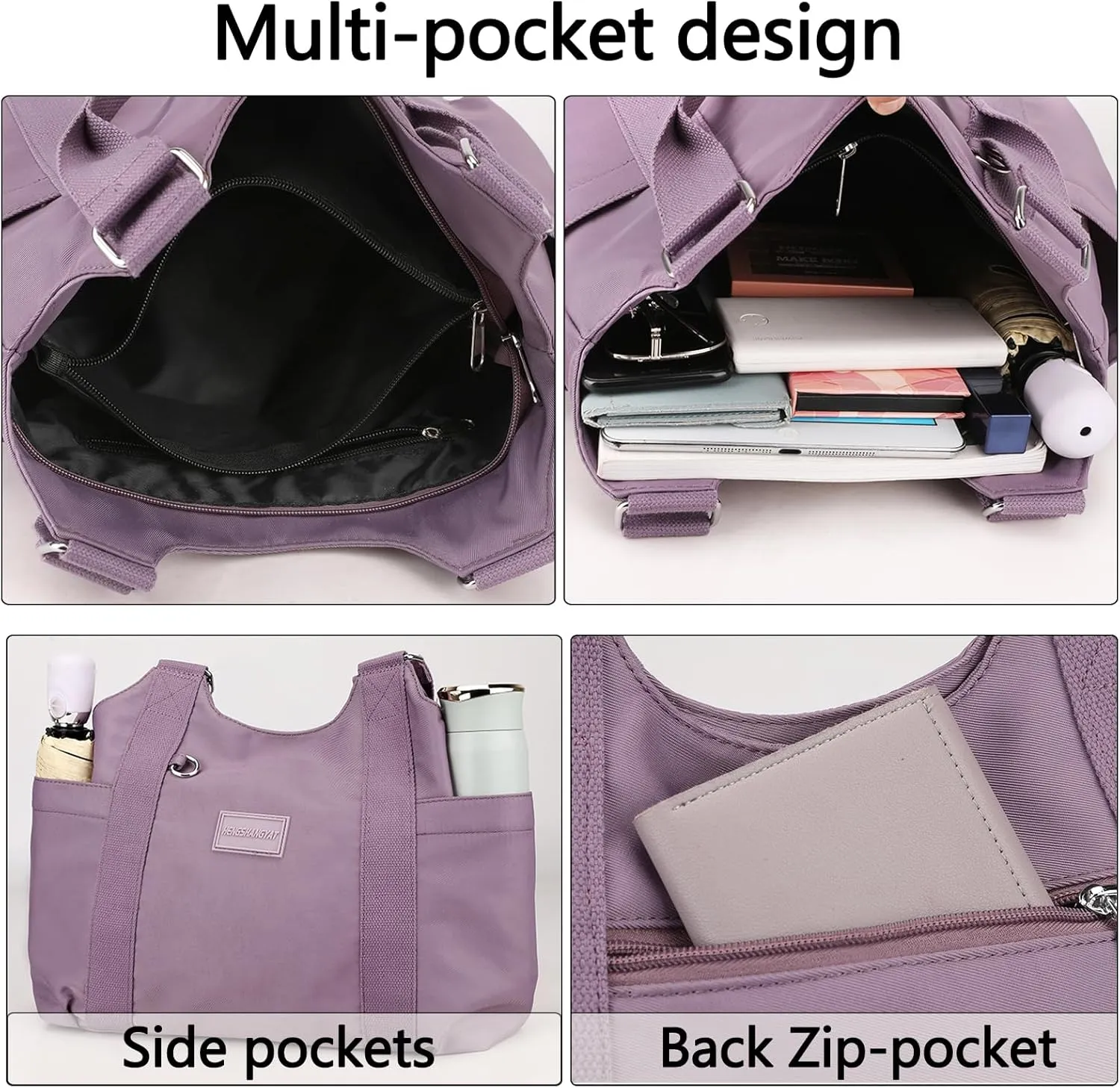 VODIU Nylon Tote Bag for Women Work Shoulder Handbags with Pockets, Everyday Purses for Women Waterproof Hand-bag with Zipper