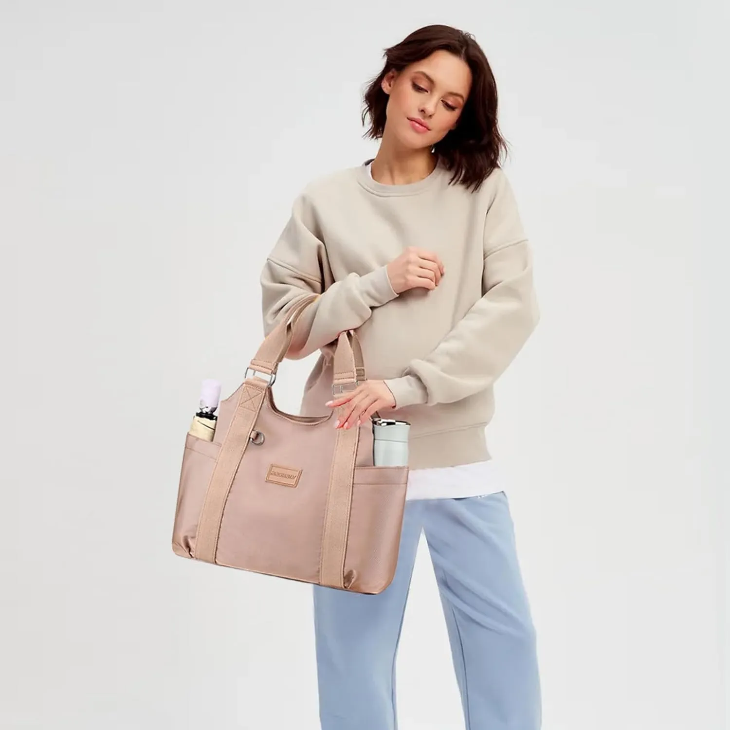 VODIU Nylon Tote Bag for Women Work Shoulder Handbags with Pockets, Everyday Purses for Women Waterproof Hand-bag with Zipper