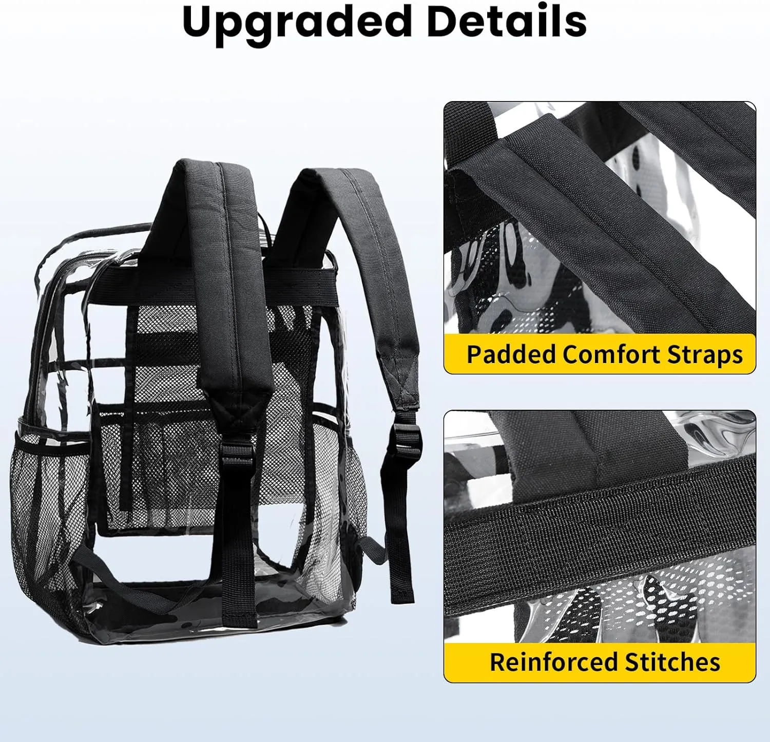 Vorspack Clear Backpack Heavy Duty - Clear Book Bag with Multi-pockets Large See Through Backpack for College Workplace - Black