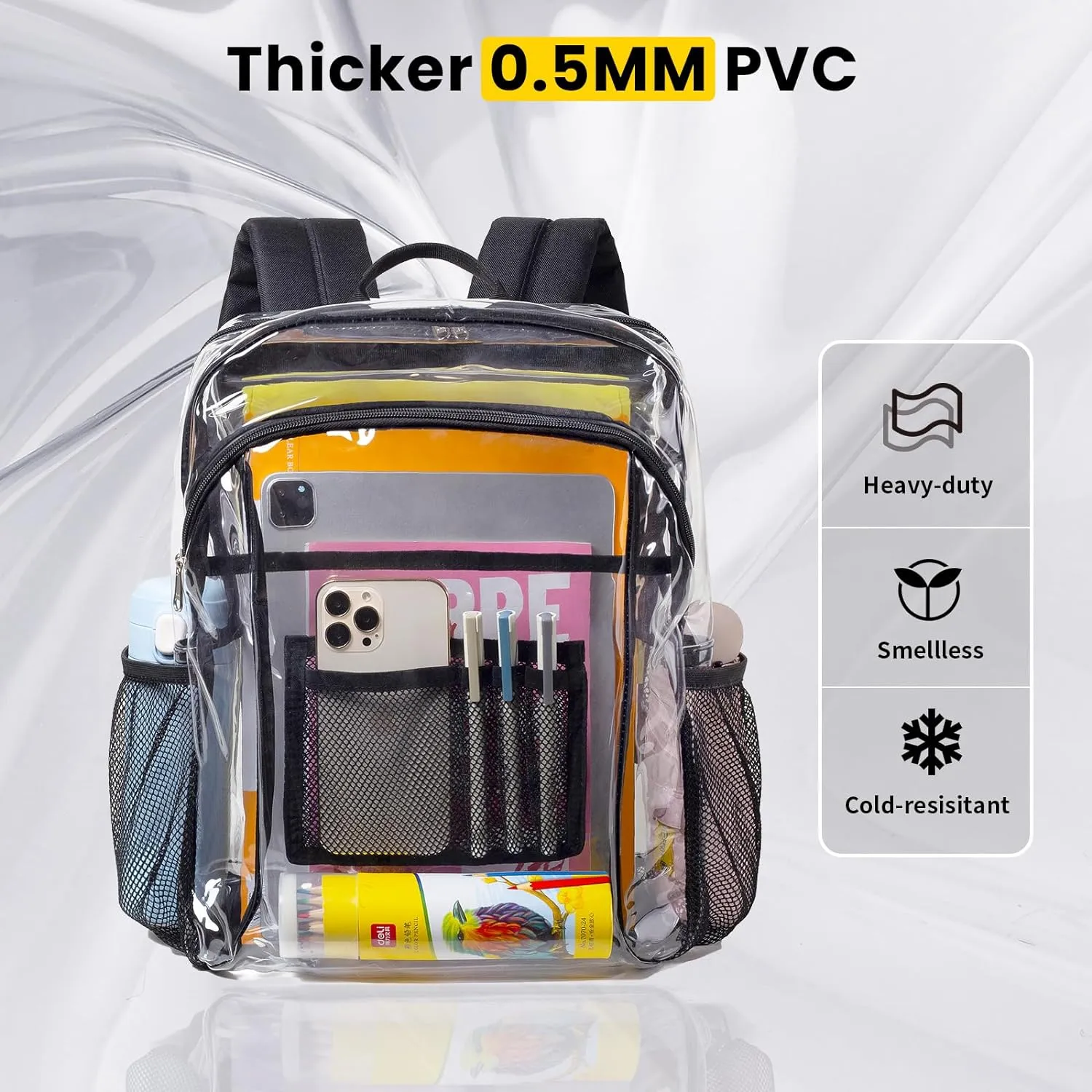 Vorspack Clear Backpack Heavy Duty - Clear Book Bag with Multi-pockets Large See Through Backpack for College Workplace - Black